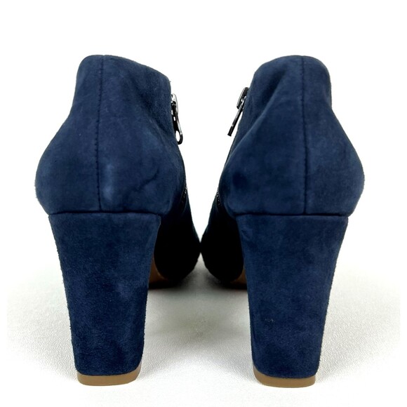 ALL BLACK Brand Booties Navy Suede Heels Asymmetrical Vamp Fashion Forward Sz 39 - Picture 5 of 11